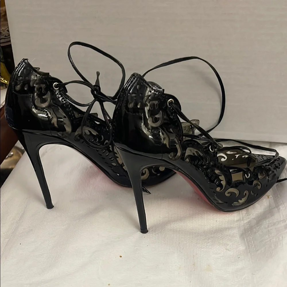 Christian Louboutin Black Patent Lace-Up Laser-Cut Pointed-Toe Pumps